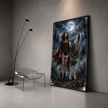 Dark Red Riding Hood with Wolf Howling at Full Moon Canvas Wall Art, Gothic Forest Night Scene, Tattooed Girl and Wolf Canvas Print Art
