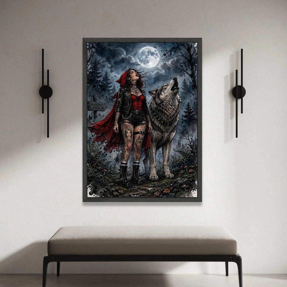 Dark Red Riding Hood with Wolf Howling at Full Moon Canvas Wall Art, Gothic Forest Night Scene, Tattooed Girl and Wolf Canvas Print Art