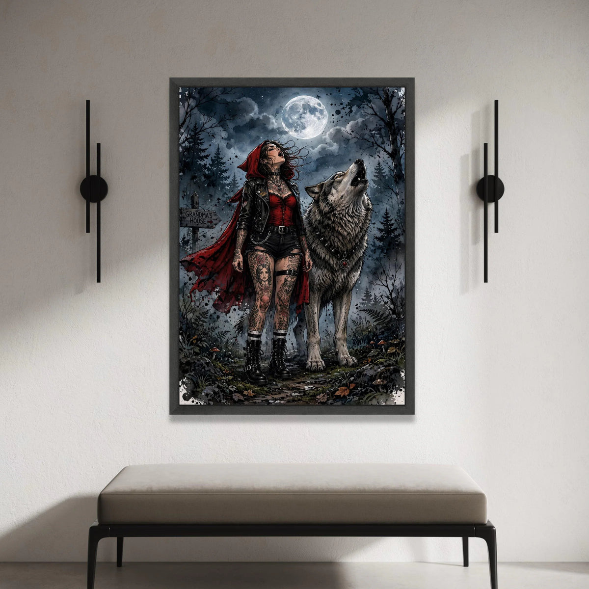 Dark Red Riding Hood with Wolf Howling at Full Moon Canvas Wall Art, Gothic Forest Night Scene, Tattooed Girl and Wolf Canvas Print Art