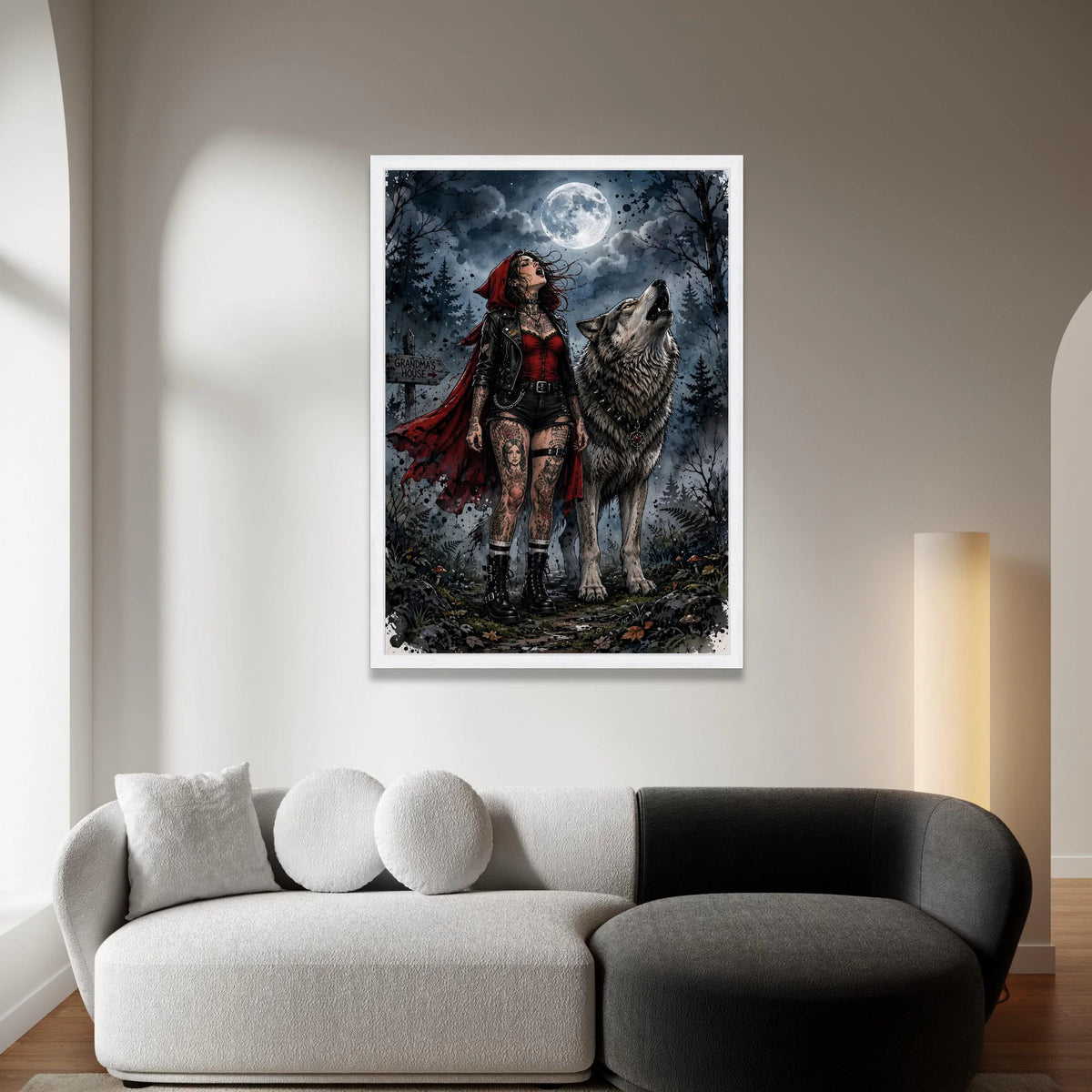 Dark Red Riding Hood with Wolf Howling at Full Moon Canvas Wall Art, Gothic Forest Night Scene, Tattooed Girl and Wolf Canvas Print Art