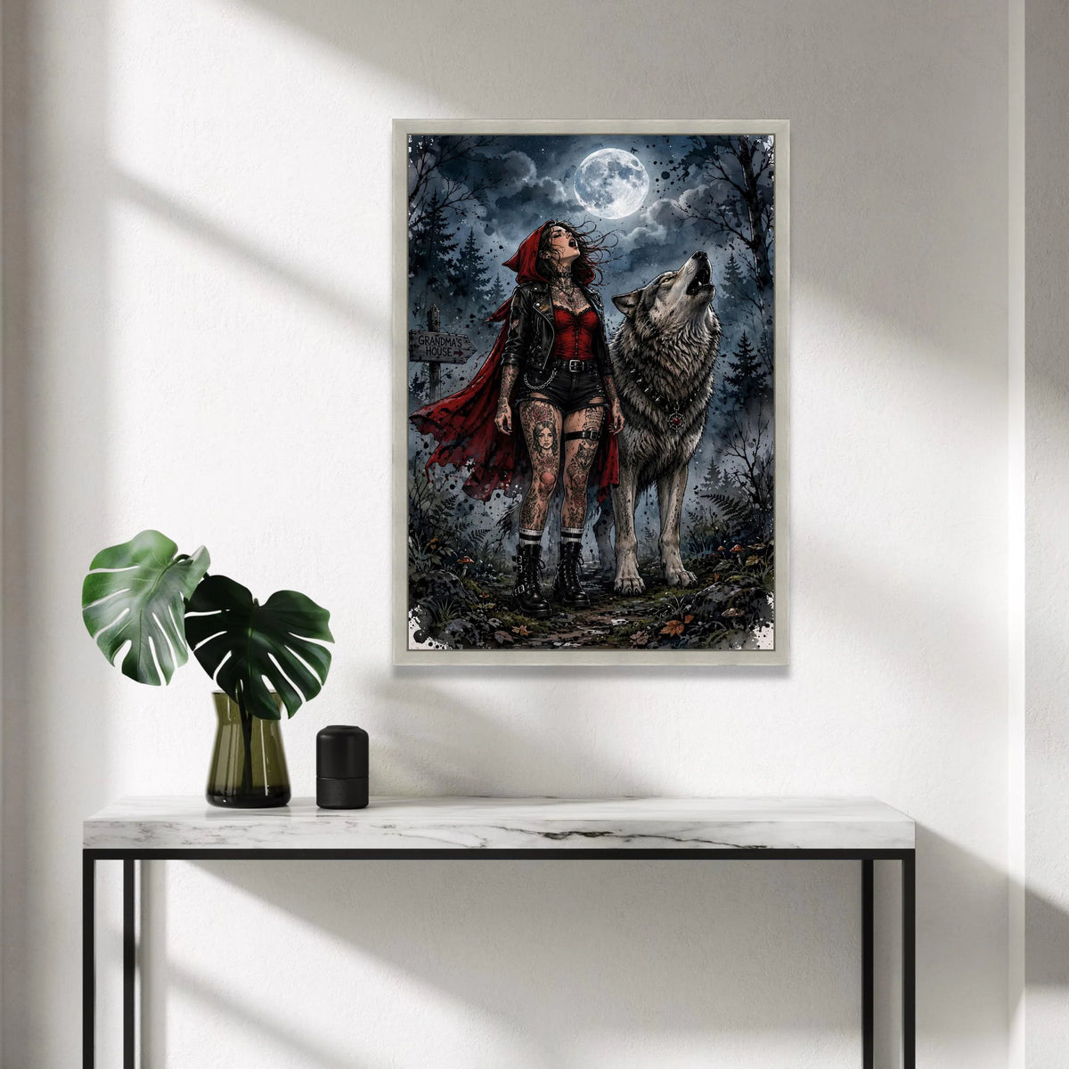 Dark Red Riding Hood with Wolf Howling at Full Moon Canvas Wall Art, Gothic Forest Night Scene, Tattooed Girl and Wolf Canvas Print Art