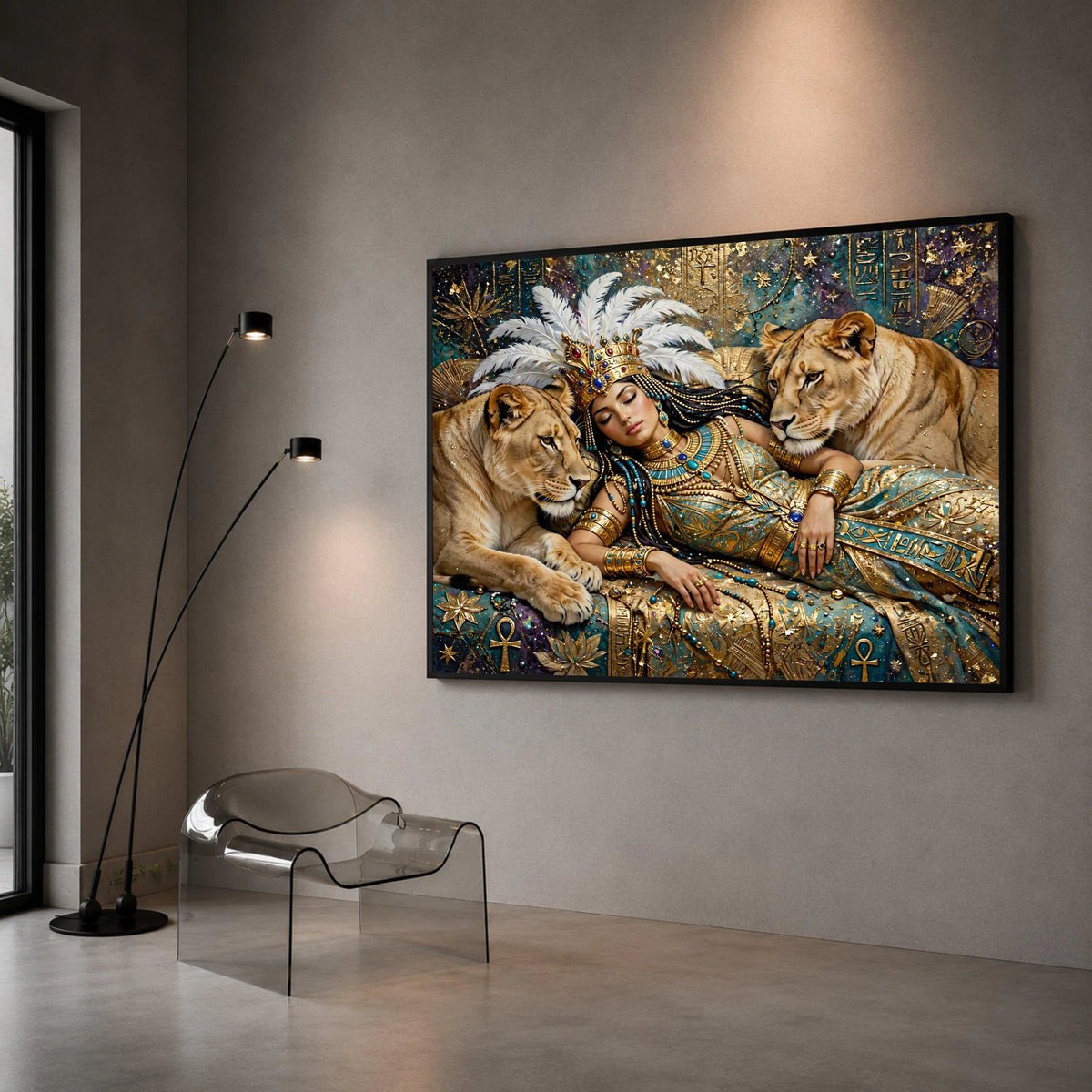 Egyptian Queen with Lions Canvas, Royal Mythology Wall Art, Ancient Symbols Canvas, Fantasy Art Decor, Regal Home Canvas Print Art
