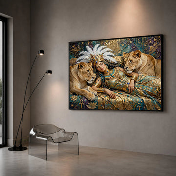 Egyptian Queen with Lions Canvas, Royal Mythology Wall Art, Ancient Symbols Canvas, Fantasy Art Decor, Regal Home Canvas Print Art