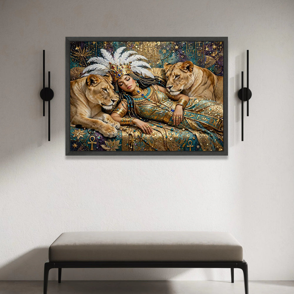Egyptian Queen with Lions Canvas, Royal Mythology Wall Art, Ancient Symbols Canvas, Fantasy Art Decor, Regal Home Canvas Print Art