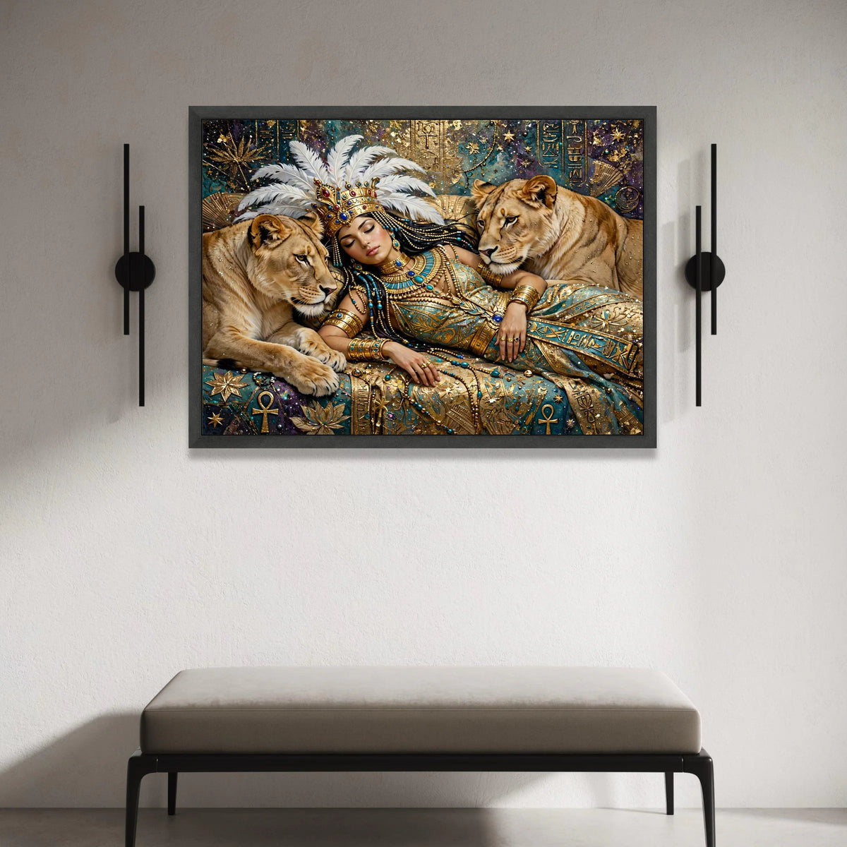 Egyptian Queen with Lions Canvas, Royal Mythology Wall Art, Ancient Symbols Canvas, Fantasy Art Decor, Regal Home Canvas Print Art