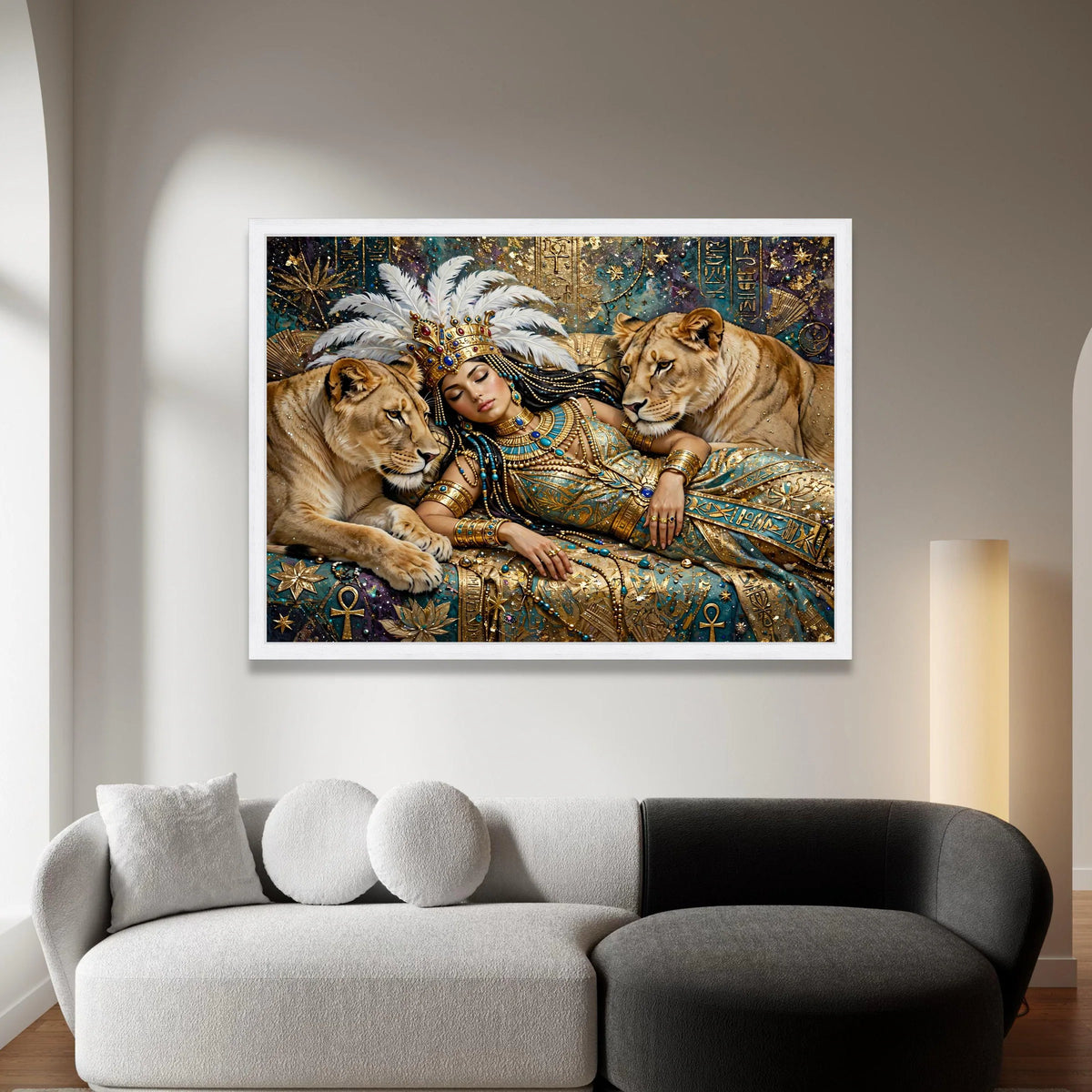 Egyptian Queen with Lions Canvas, Royal Mythology Wall Art, Ancient Symbols Canvas, Fantasy Art Decor, Regal Home Canvas Print Art
