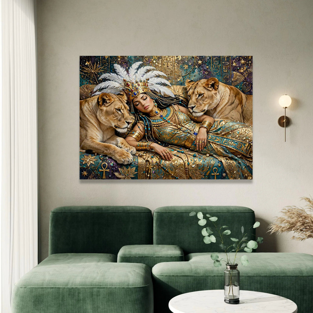 Egyptian Queen with Lions Canvas, Royal Mythology Wall Art, Ancient Symbols Canvas, Fantasy Art Decor, Regal Home Canvas Print Art
