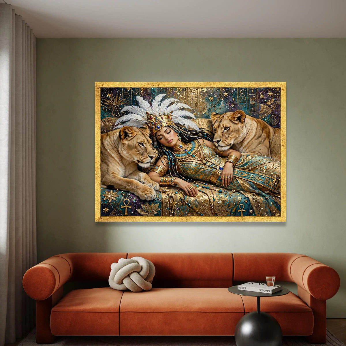 Egyptian Queen with Lions Canvas, Royal Mythology Wall Art, Ancient Symbols Canvas, Fantasy Art Decor, Regal Home Canvas Print Art