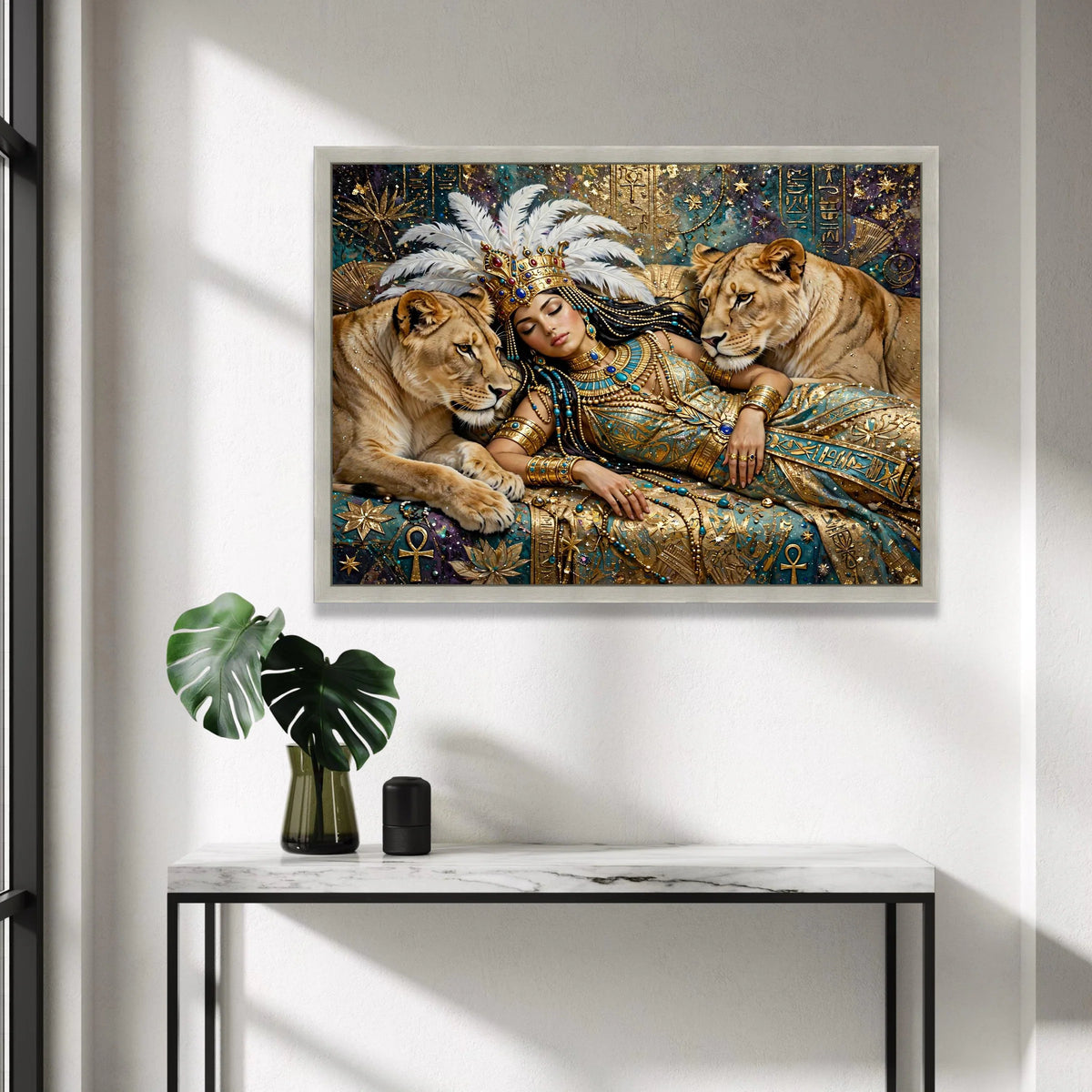 Egyptian Queen with Lions Canvas, Royal Mythology Wall Art, Ancient Symbols Canvas, Fantasy Art Decor, Regal Home Canvas Print Art