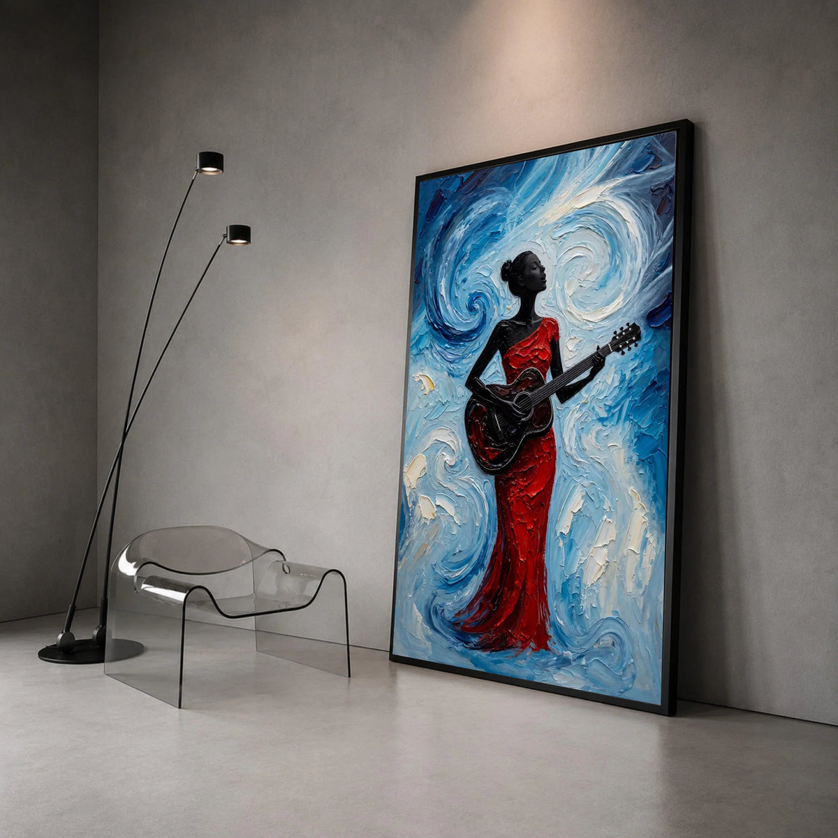 Elegant Woman Playing Guitar Canvas, Red Dress Musician Art, Blue Swirl Background, Modern Acoustic Wall Art, Home Decor Canvas Print Art