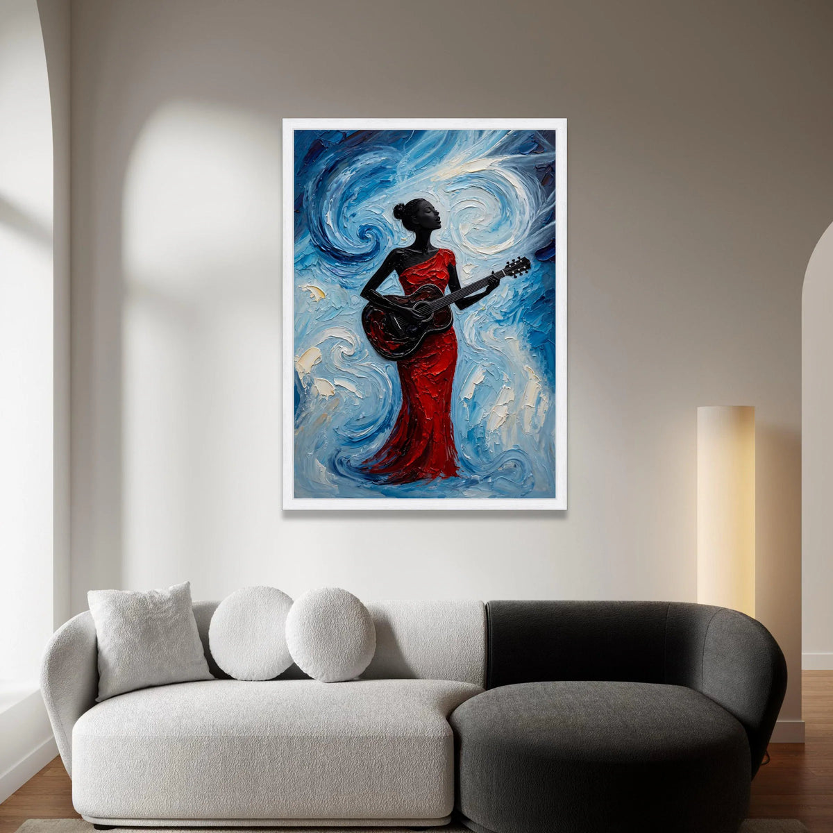 Elegant Woman Playing Guitar Canvas, Red Dress Musician Art, Blue Swirl Background, Modern Acoustic Wall Art, Home Decor Canvas Print Art