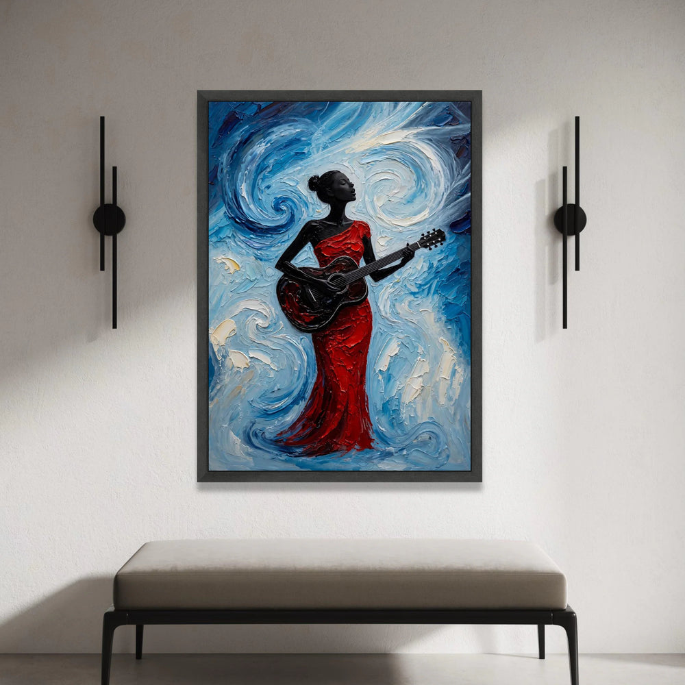 Elegant Woman Playing Guitar Canvas, Red Dress Musician Art, Blue Swirl Background, Modern Acoustic Wall Art, Home Decor Canvas Print Art