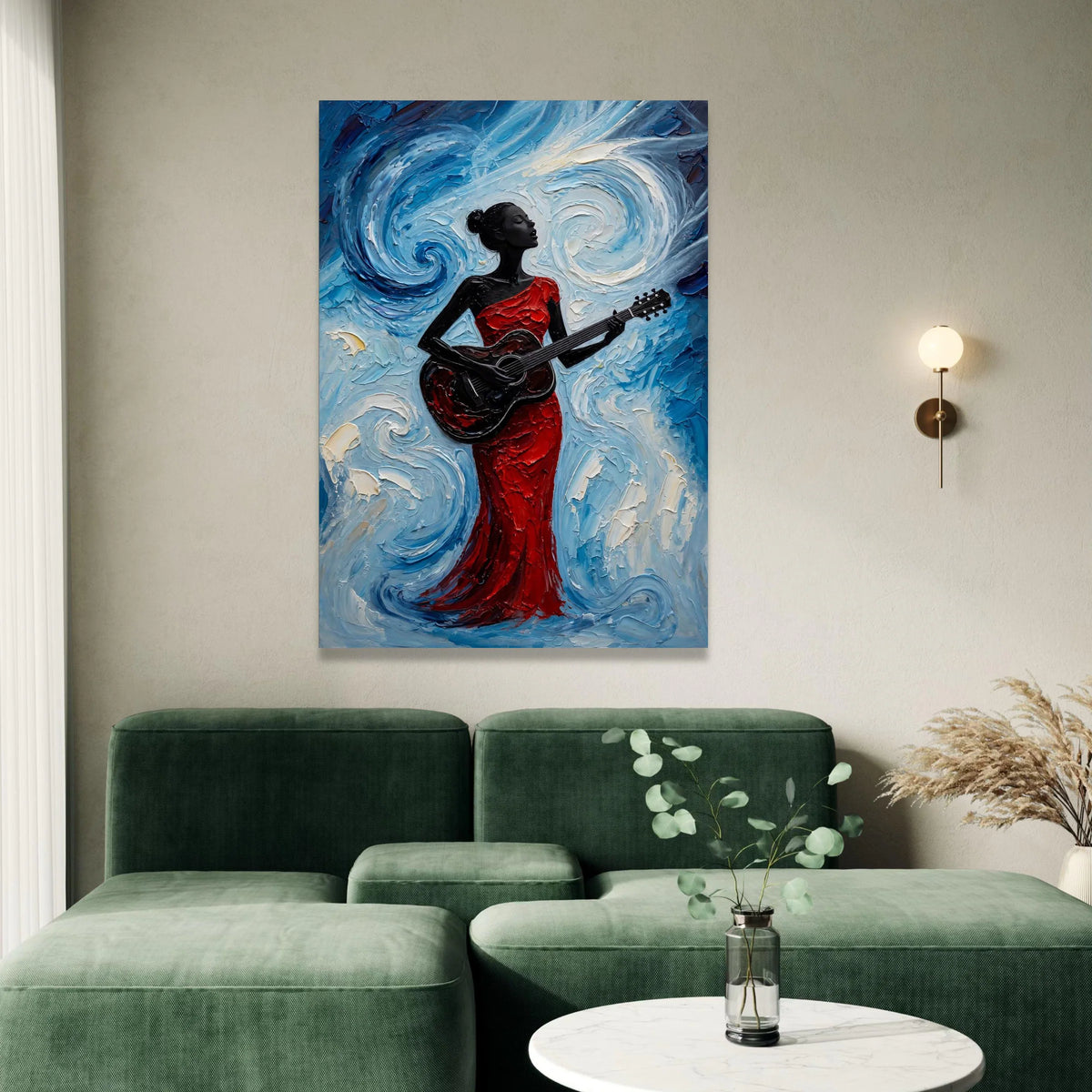 Elegant Woman Playing Guitar Canvas, Red Dress Musician Art, Blue Swirl Background, Modern Acoustic Wall Art, Home Decor Canvas Print Art
