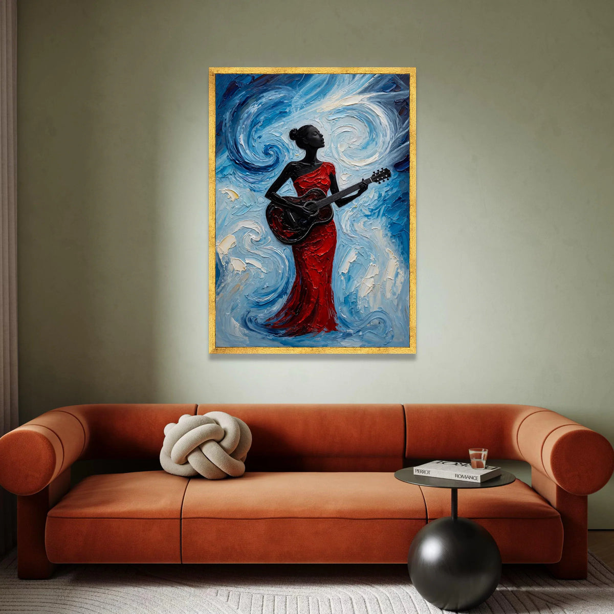 Elegant Woman Playing Guitar Canvas, Red Dress Musician Art, Blue Swirl Background, Modern Acoustic Wall Art, Home Decor Canvas Print Art