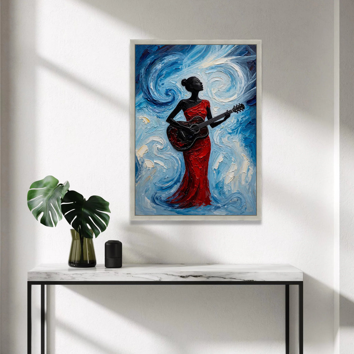 Elegant Woman Playing Guitar Canvas, Red Dress Musician Art, Blue Swirl Background, Modern Acoustic Wall Art, Home Decor Canvas Print Art