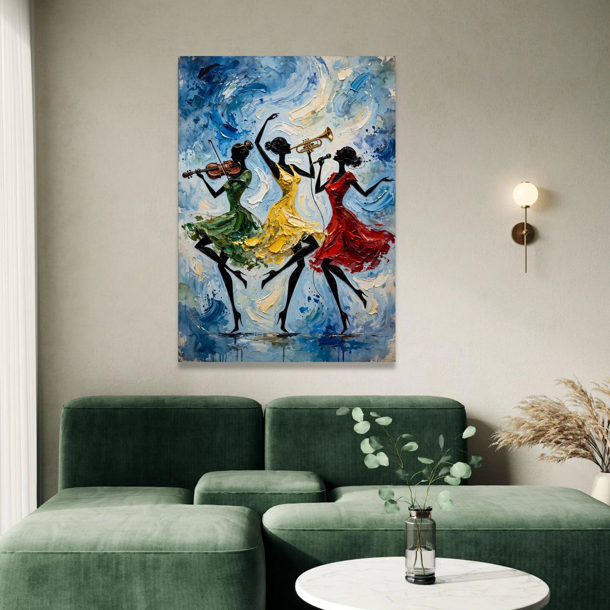Energetic Jazz Trio, Musical Dance Canvas Wall Art, Vibrant Women Silhouettes, Colorful Instrumental Art, Modern Home Canvas Print Art