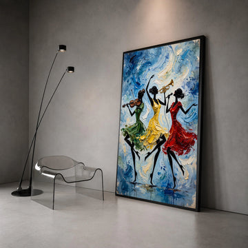 Energetic Jazz Trio, Musical Dance Canvas Wall Art, Vibrant Women Silhouettes, Colorful Instrumental Art, Modern Home Canvas Print Art