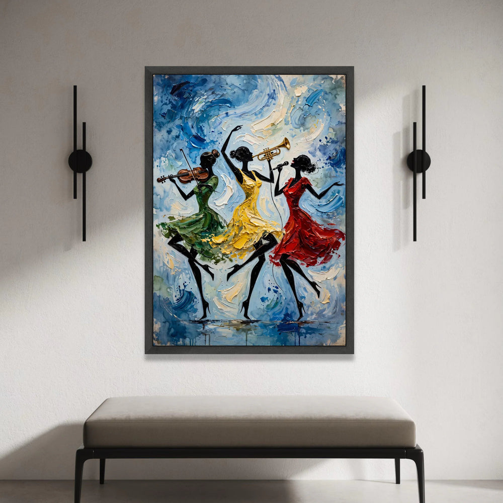 Energetic Jazz Trio, Musical Dance Canvas Wall Art, Vibrant Women Silhouettes, Colorful Instrumental Art, Modern Home Canvas Print Art