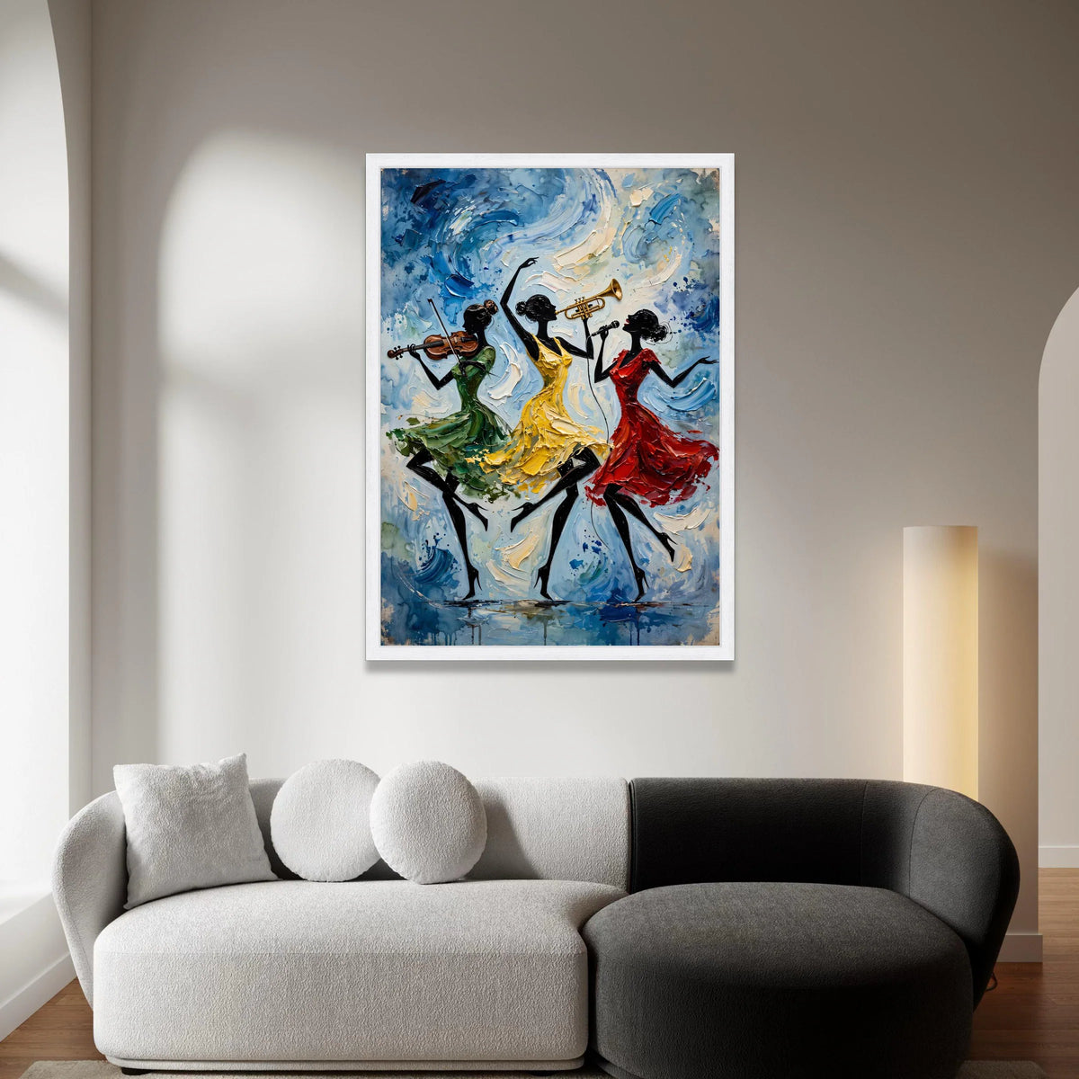 Energetic Jazz Trio, Musical Dance Canvas Wall Art, Vibrant Women Silhouettes, Colorful Instrumental Art, Modern Home Canvas Print Art