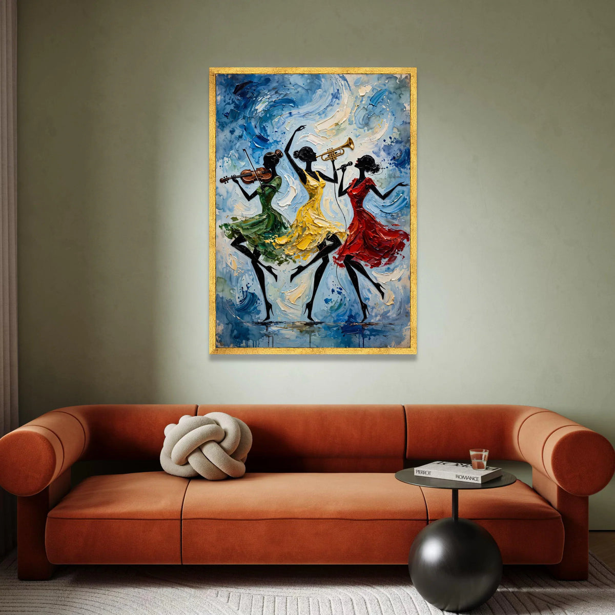 Energetic Jazz Trio, Musical Dance Canvas Wall Art, Vibrant Women Silhouettes, Colorful Instrumental Art, Modern Home Canvas Print Art