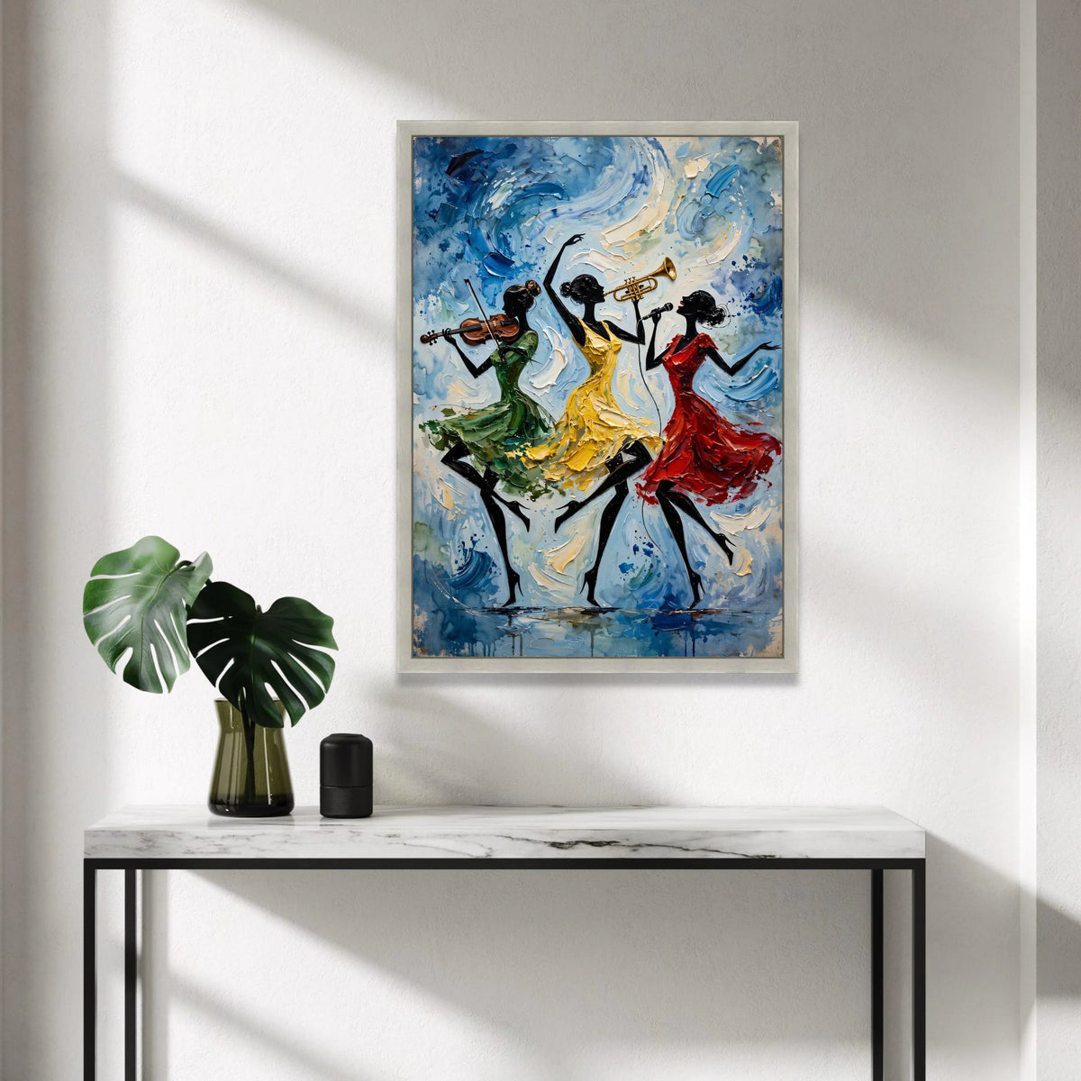 Energetic Jazz Trio, Musical Dance Canvas Wall Art, Vibrant Women Silhouettes, Colorful Instrumental Art, Modern Home Canvas Print Art