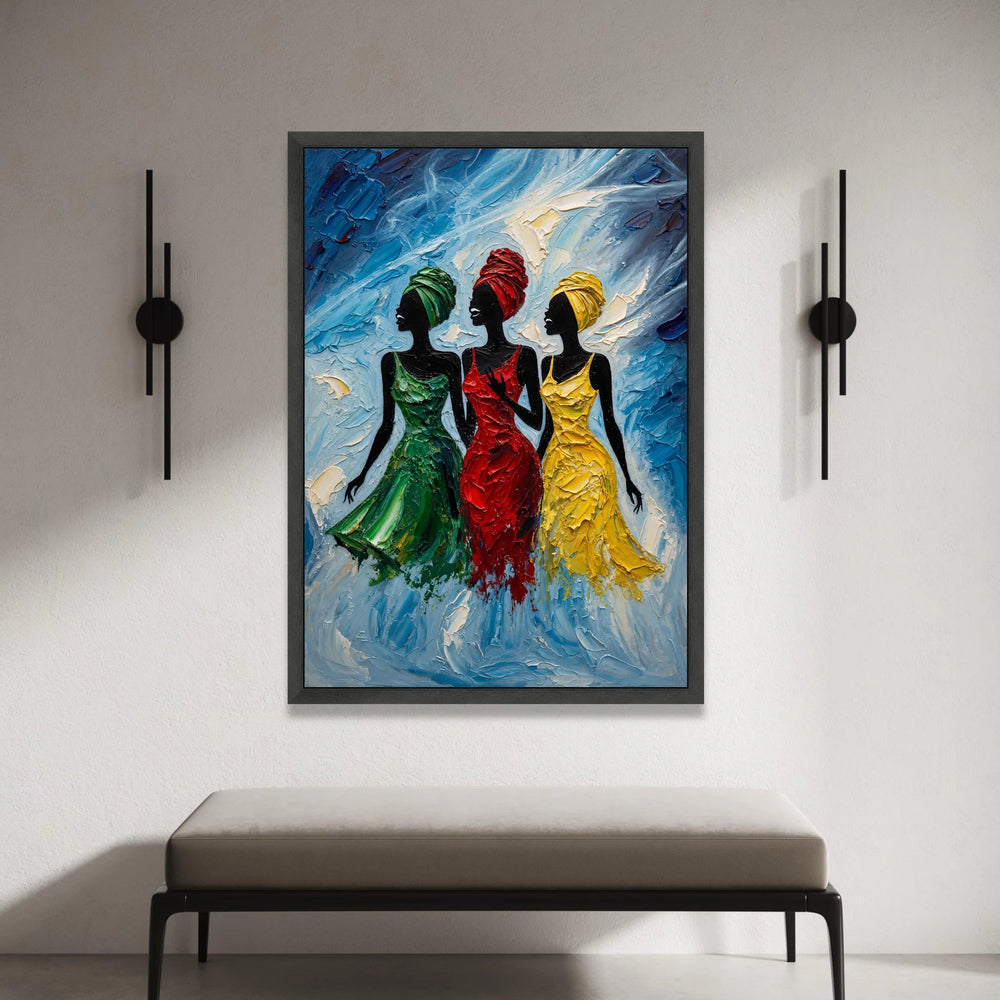 Elegant Women Silhouettes Canvas, Colorful Dresses Wall Art, African Style Fashion, Modern Female Portrait Canvas, Vibrant Canvas Print Art
