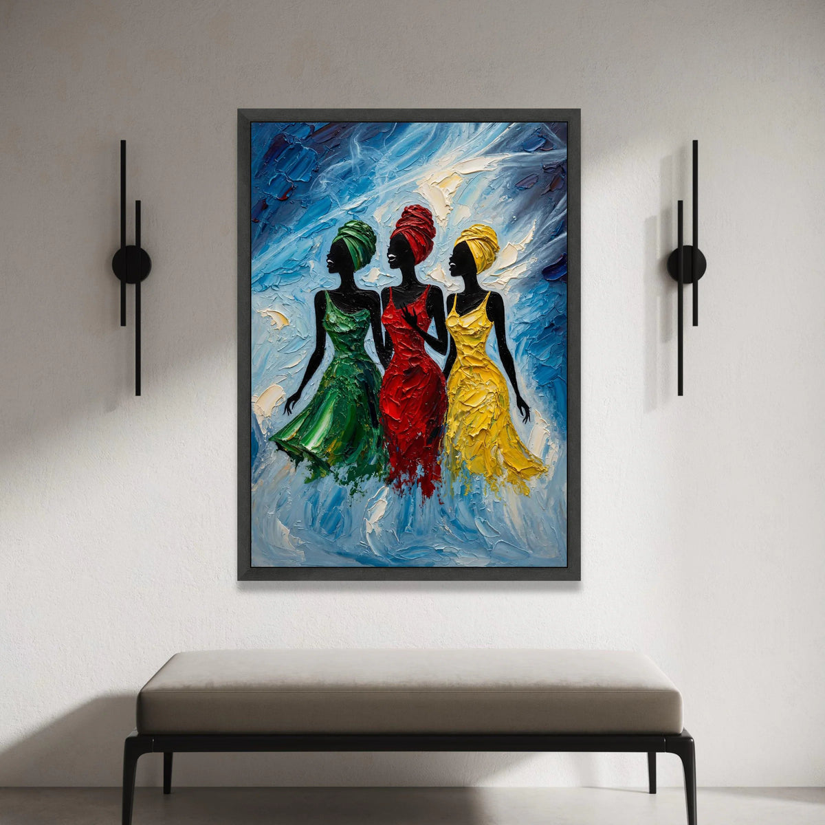 Elegant Women Silhouettes Canvas, Colorful Dresses Wall Art, African Style Fashion, Modern Female Portrait Canvas, Vibrant Canvas Print Art