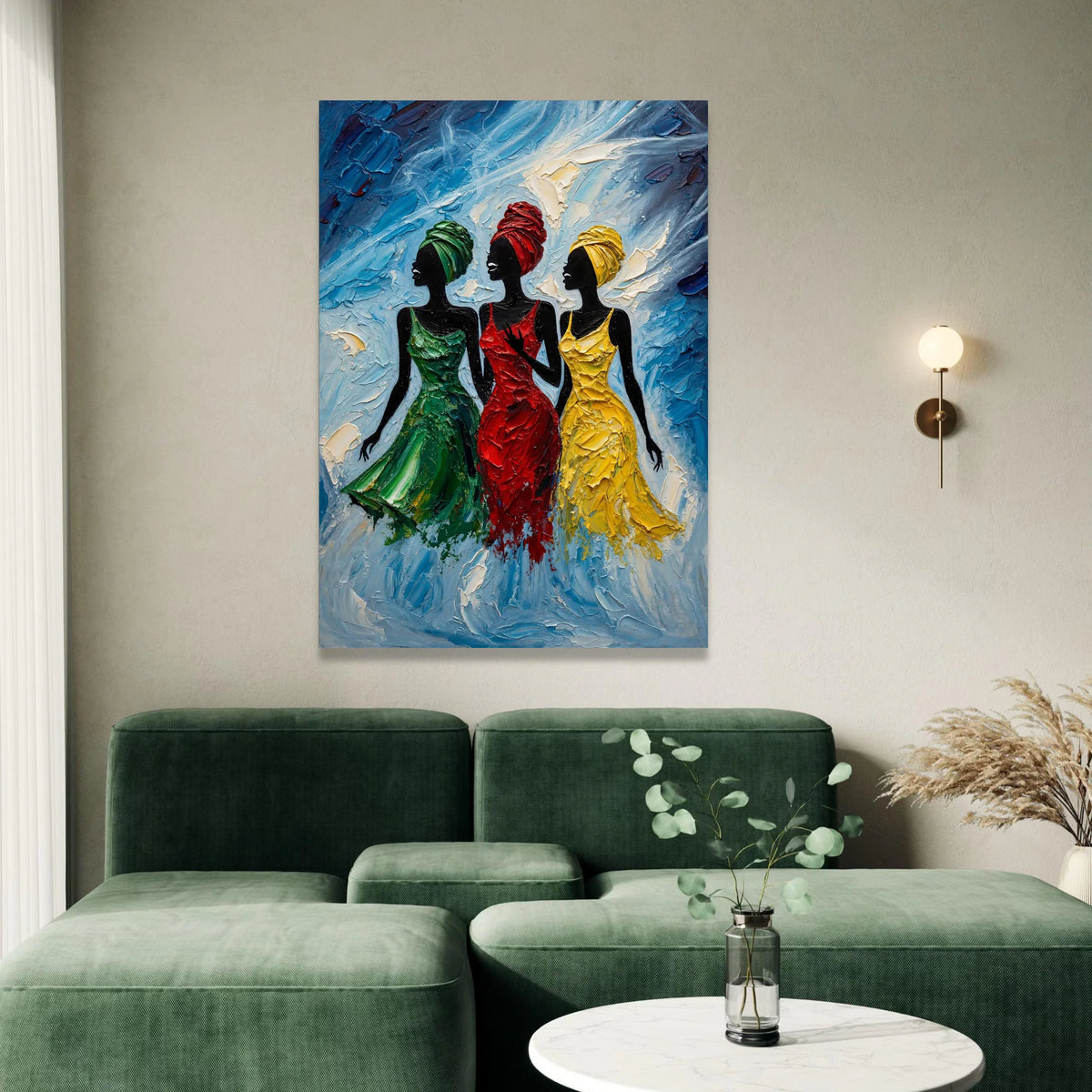 Elegant Women Silhouettes Canvas, Colorful Dresses Wall Art, African Style Fashion, Modern Female Portrait Canvas, Vibrant Canvas Print Art