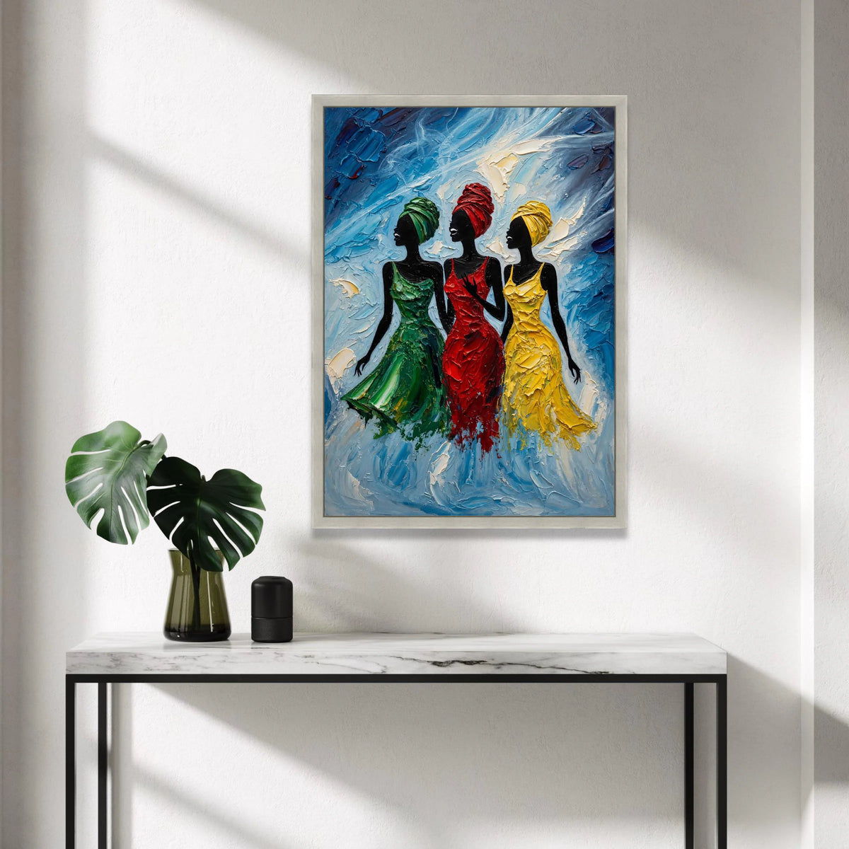 Elegant Women Silhouettes Canvas, Colorful Dresses Wall Art, African Style Fashion, Modern Female Portrait Canvas, Vibrant Canvas Print Art