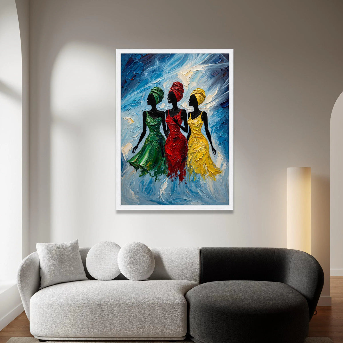 Elegant Women Silhouettes Canvas, Colorful Dresses Wall Art, African Style Fashion, Modern Female Portrait Canvas, Vibrant Canvas Print Art