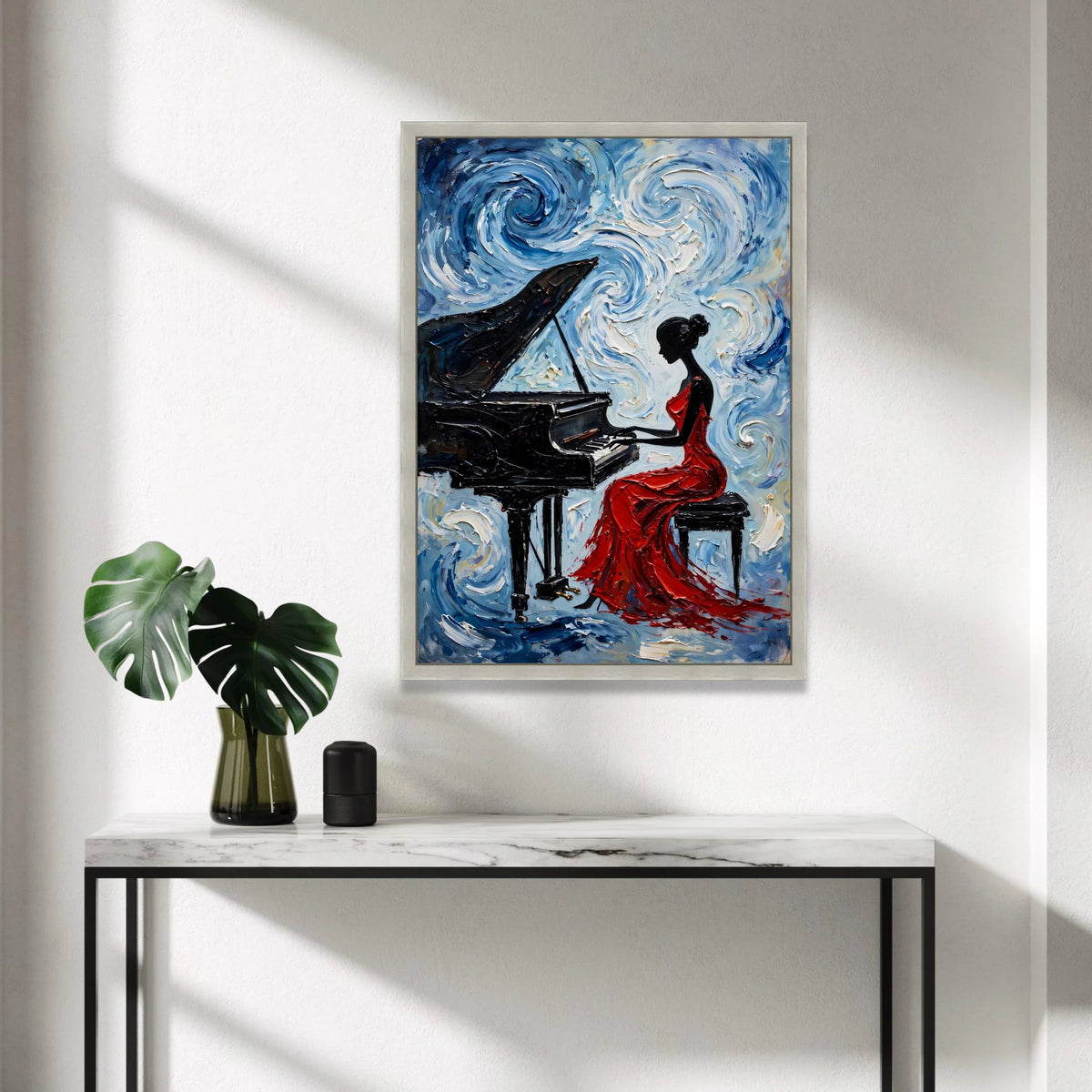 Elegant Woman Red Dress Playing Piano Canvas, Musical Art Print, Abstract Blue Swirls Wall Art, Home Decoration Canvas, Canvas Print Art