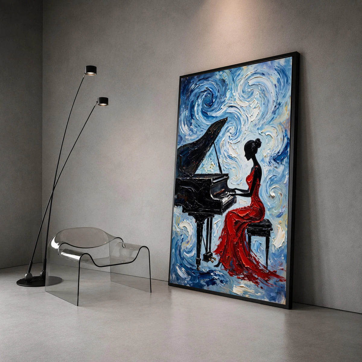 Elegant Woman Red Dress Playing Piano Canvas, Musical Art Print, Abstract Blue Swirls Wall Art, Home Decoration Canvas, Canvas Print Art