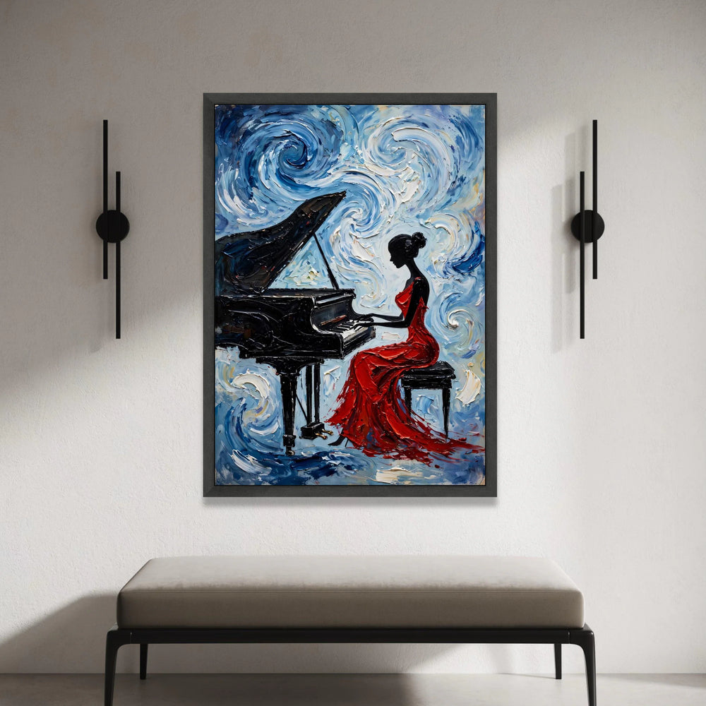 Elegant Woman Red Dress Playing Piano Canvas, Musical Art Print, Abstract Blue Swirls Wall Art, Home Decoration Canvas, Canvas Print Art