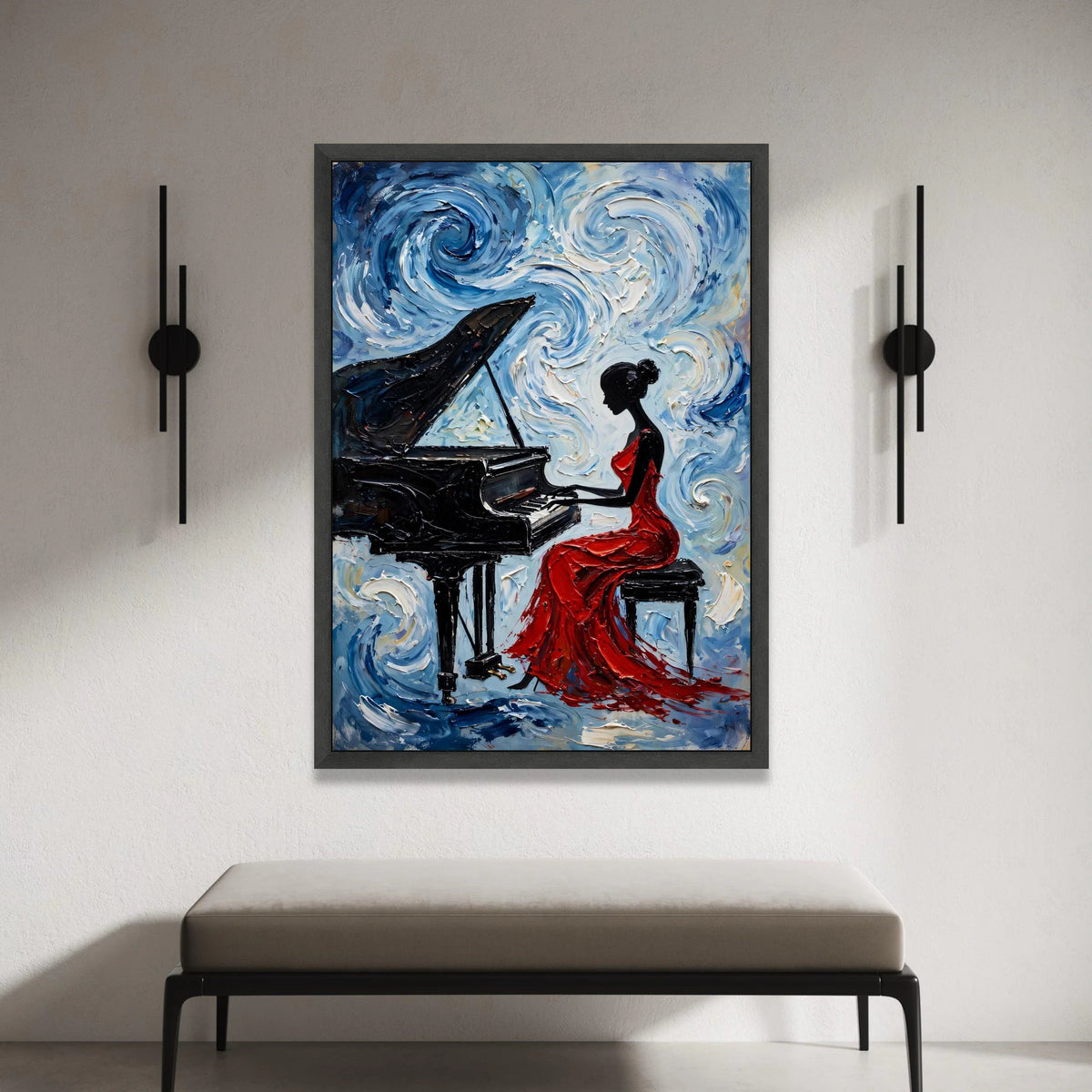 Elegant Woman Red Dress Playing Piano Canvas, Musical Art Print, Abstract Blue Swirls Wall Art, Home Decoration Canvas, Canvas Print Art