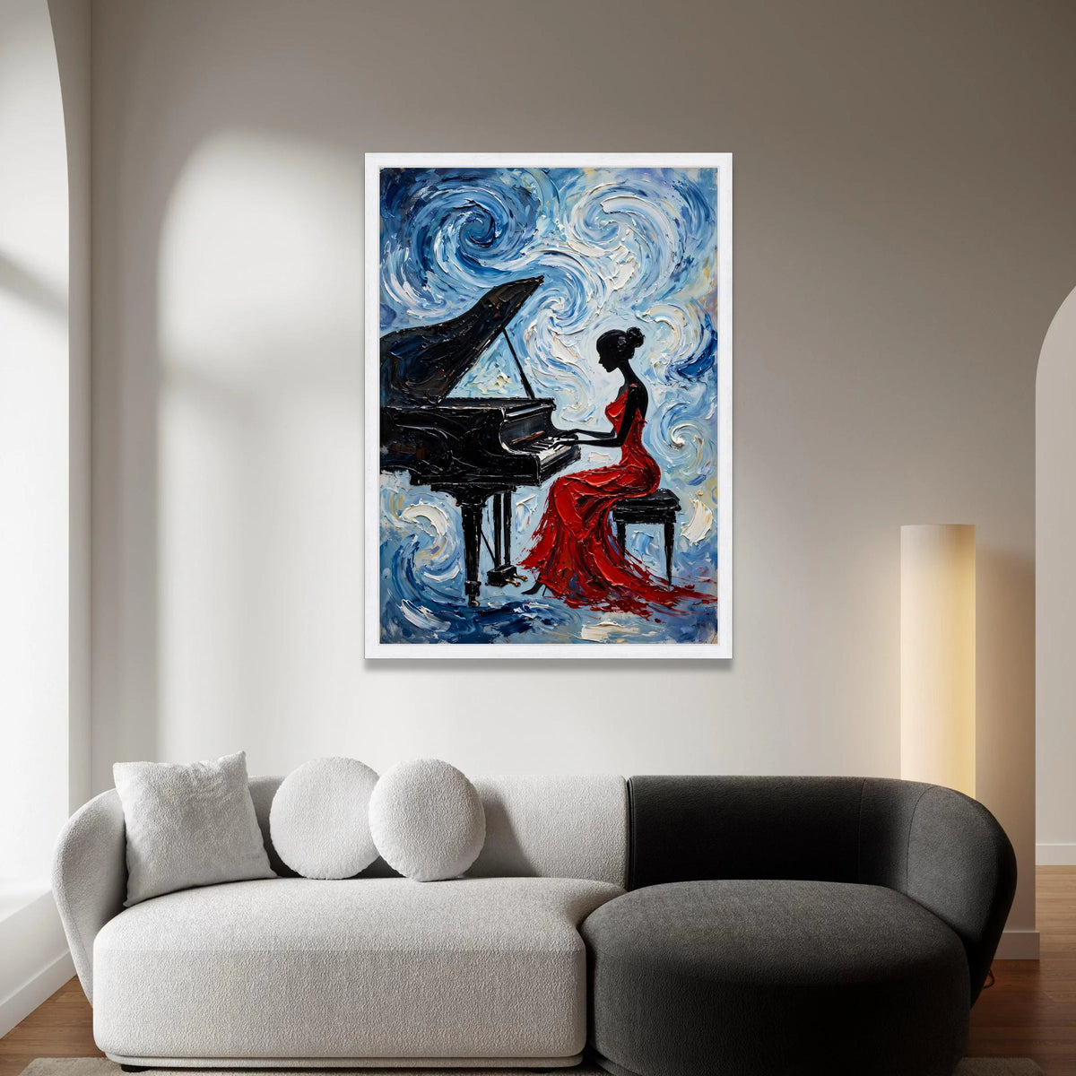 Elegant Woman Red Dress Playing Piano Canvas, Musical Art Print, Abstract Blue Swirls Wall Art, Home Decoration Canvas, Canvas Print Art