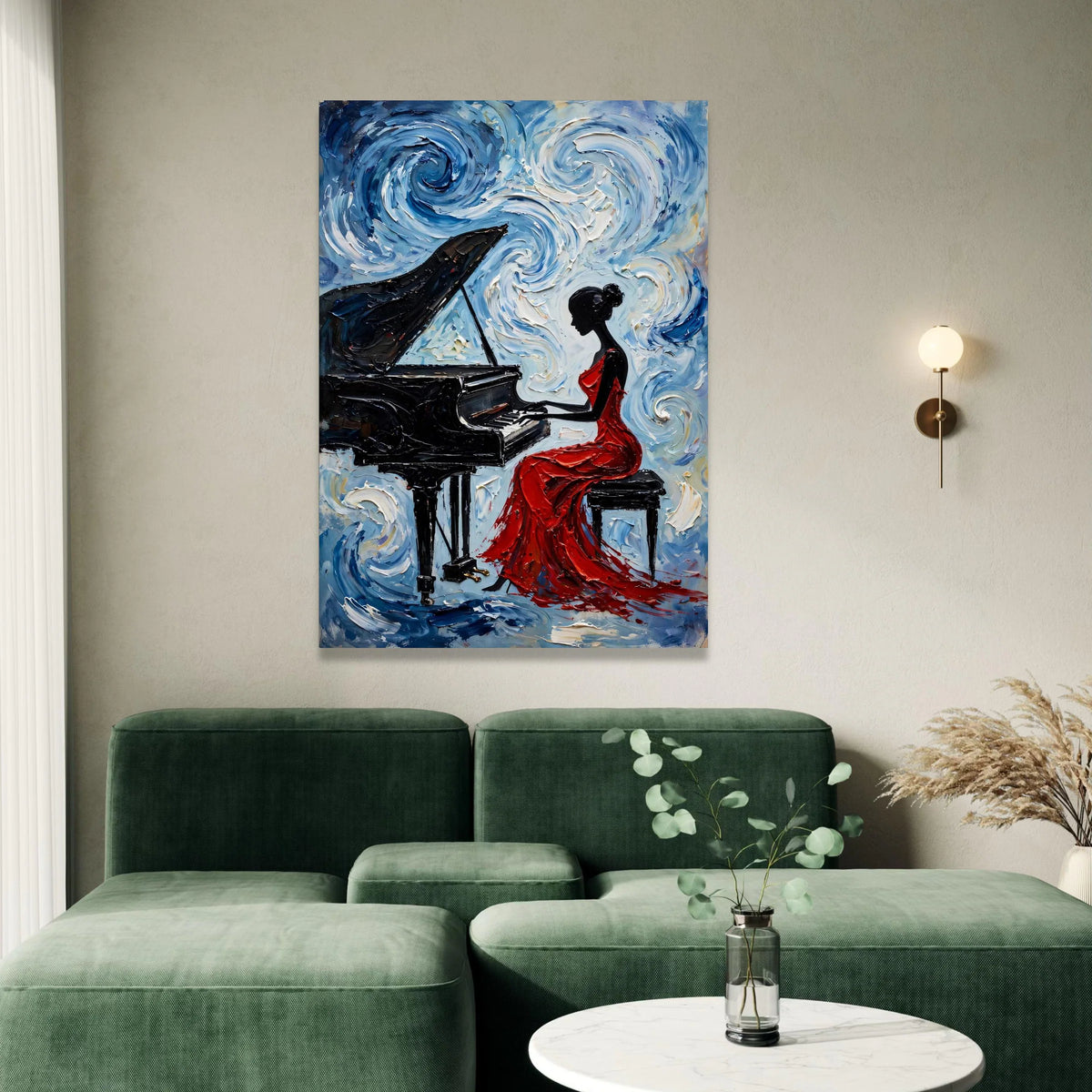 Elegant Woman Red Dress Playing Piano Canvas, Musical Art Print, Abstract Blue Swirls Wall Art, Home Decoration Canvas, Canvas Print Art