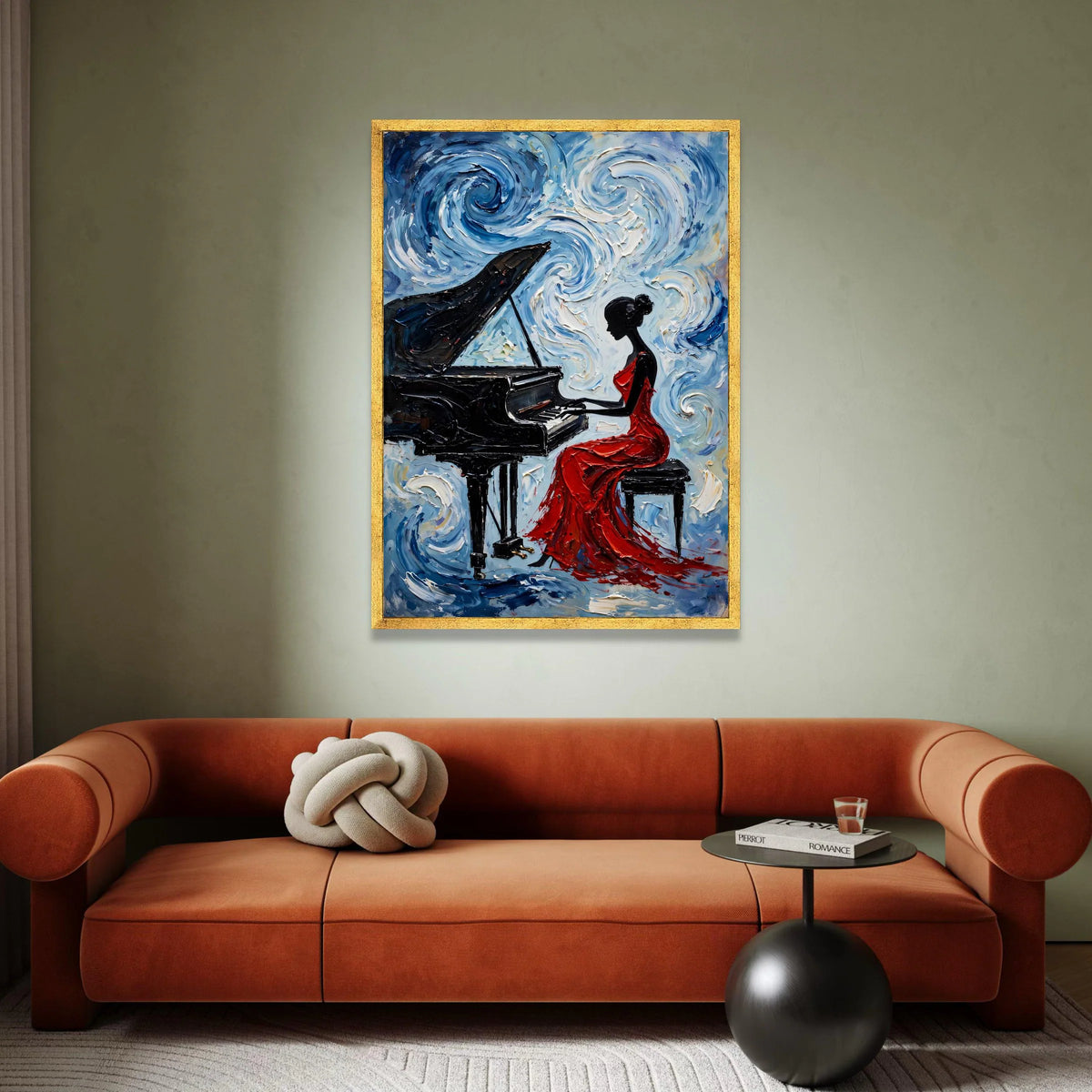 Elegant Woman Red Dress Playing Piano Canvas, Musical Art Print, Abstract Blue Swirls Wall Art, Home Decoration Canvas, Canvas Print Art
