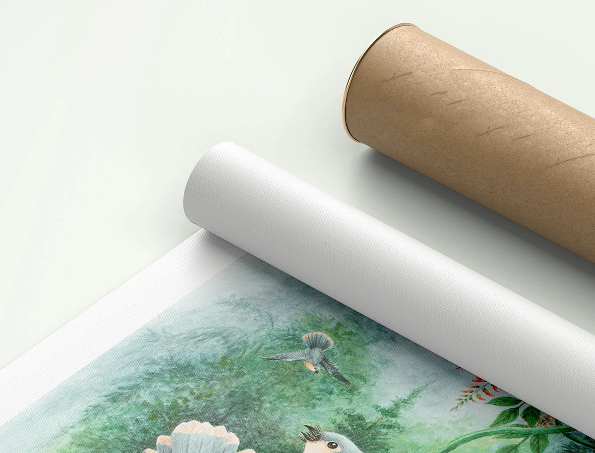 Example of an unstretched canvas print beside a protective cardboard tube